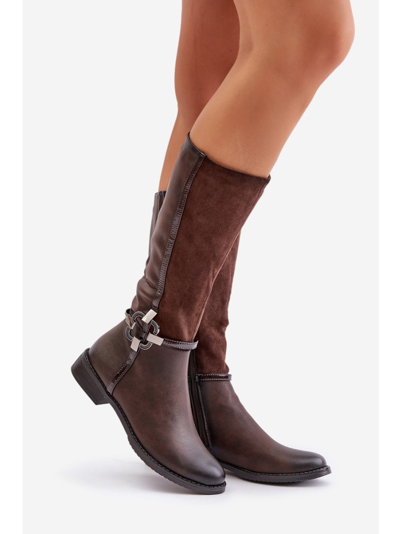 Insulated Boots On Flat Heel With Decorative Buckle Brown Leatharia