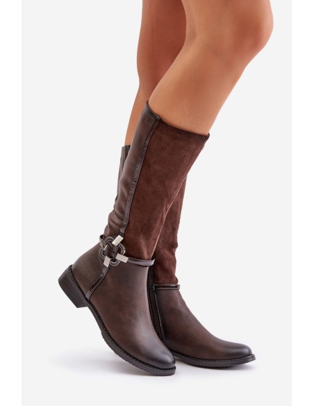 Insulated Boots On Flat Heel With Decorative Buckle Brown Leatharia