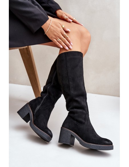 Insulated Heeled Boots Eco Suede Over Knee Black Leamirael