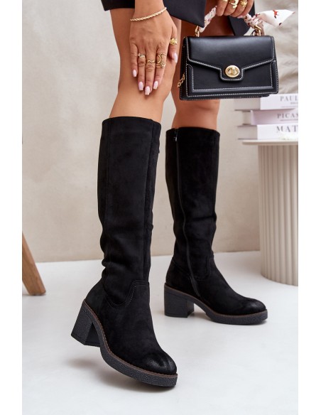 Insulated Heeled Boots Eco Suede Over Knee Black Leamirael