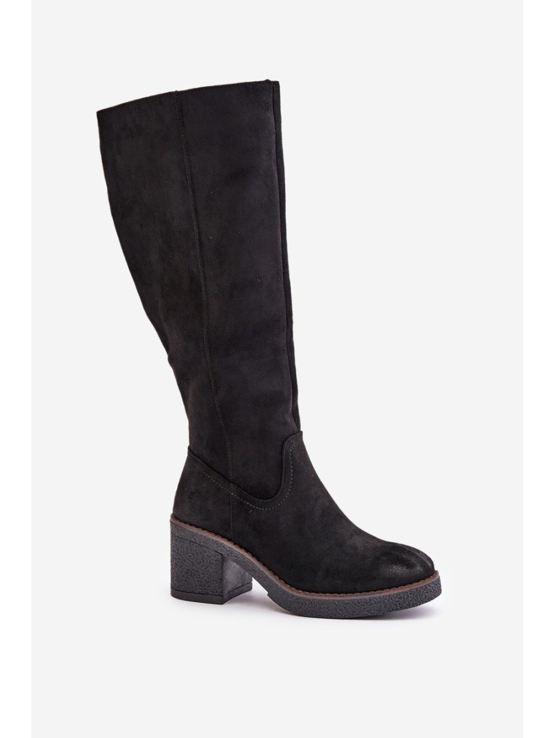 Insulated Heeled Boots Eco Suede Over Knee Black Leamirael