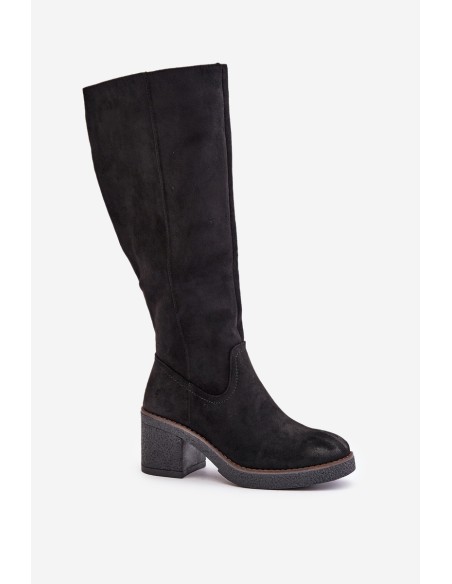 Insulated Heeled Boots Eco Suede Over Knee Black Leamirael