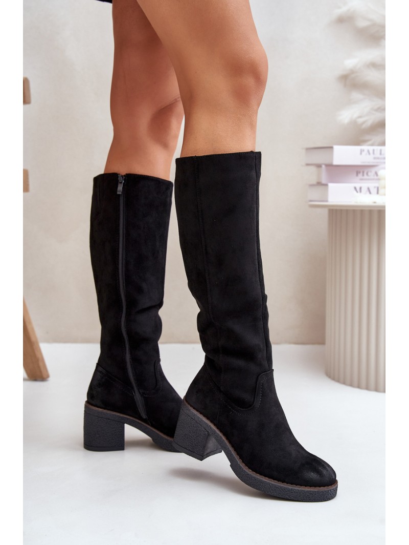 Insulated Heeled Boots Eco Suede Over Knee Black Leamirael