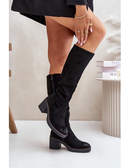 Insulated Heeled Boots Eco Suede Over Knee Black Leamirael
