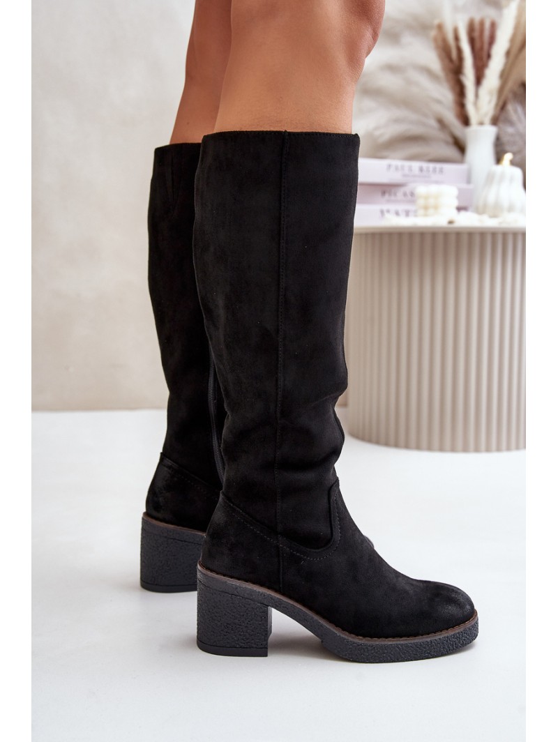 Insulated Heeled Boots Eco Suede Over Knee Black Leamirael