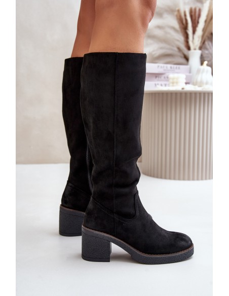 Insulated Heeled Boots Eco Suede Over Knee Black Leamirael