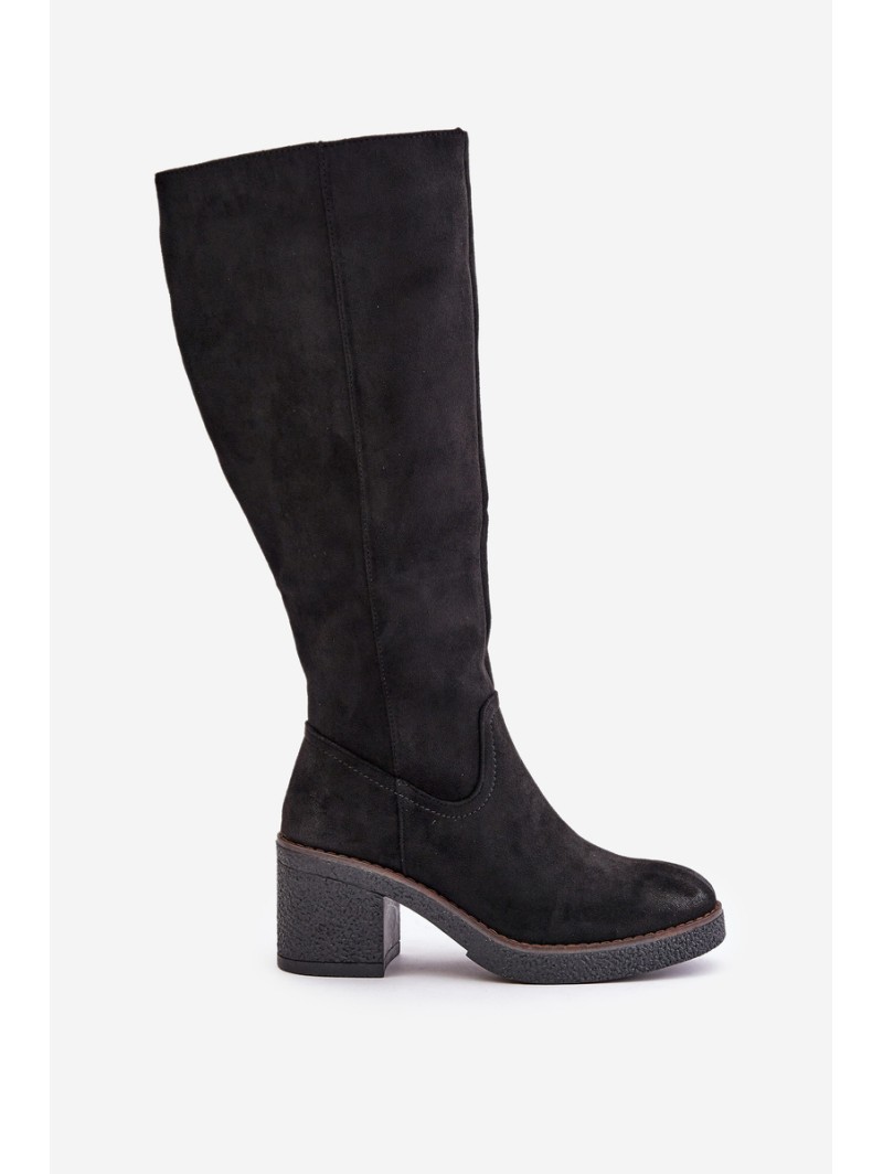 Insulated Heeled Boots Eco Suede Over Knee Black Leamirael