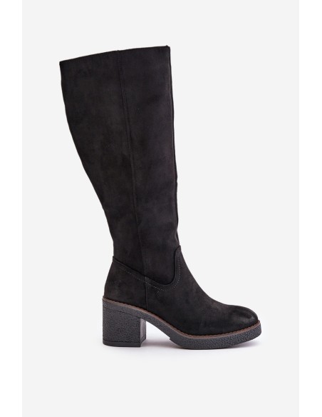 Insulated Heeled Boots Eco Suede Over Knee Black Leamirael