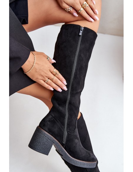 Insulated Heeled Boots Eco Suede Over Knee Black Leamirael