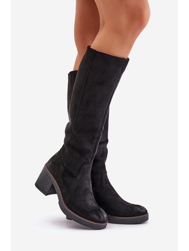 Insulated Heeled Boots Eco Suede Over Knee Black Leamirael