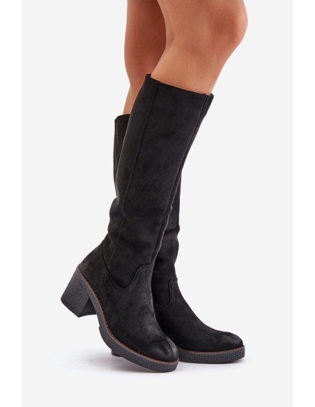 Insulated Heeled Boots Eco Suede Over Knee Black Leamirael