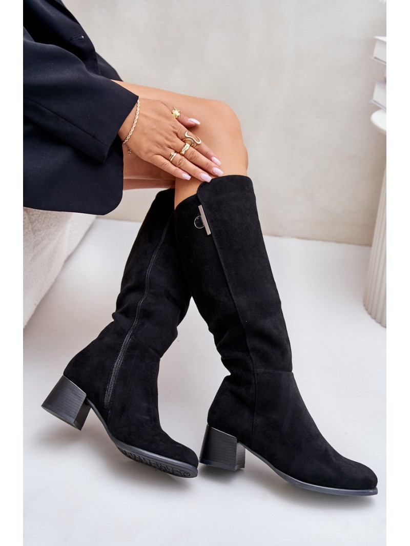 Knee High Heeled Boots Made of Eco Suede Black Izanae