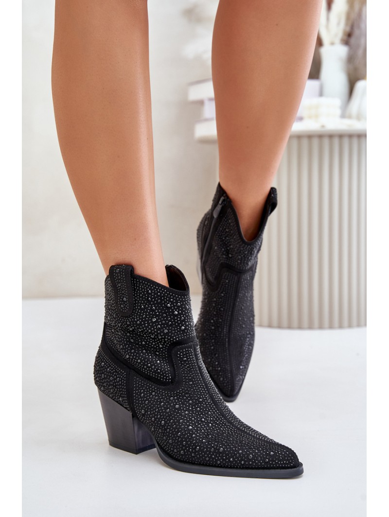 Embellished Cowboy Ankle Boots With Pointed Toes Black S.Barski HY42-121