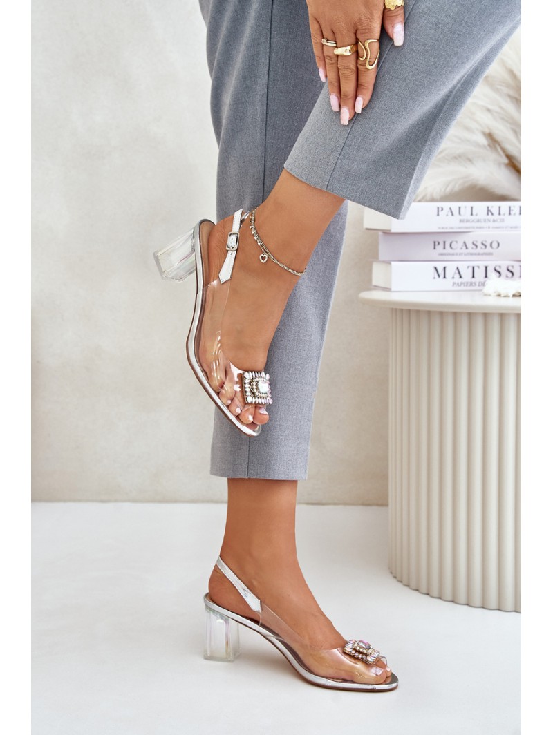 Transparent Sandals With Brooch On The Heel MR42-031 Silver