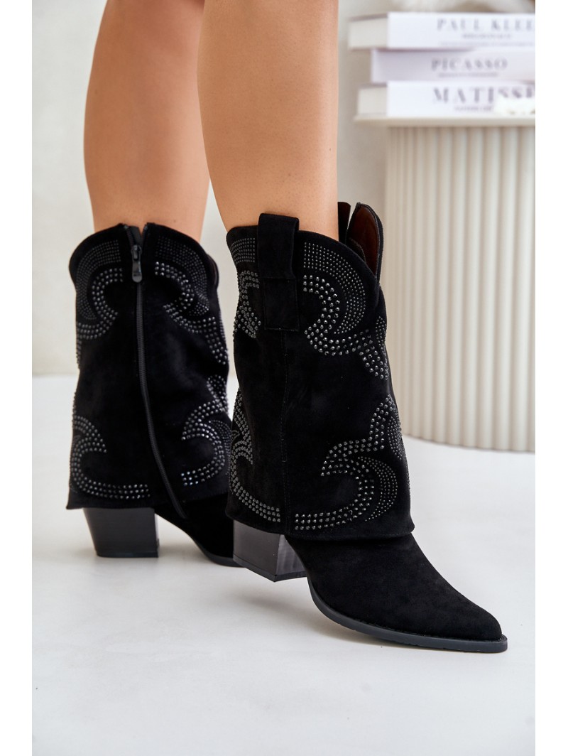 Embellished ankle boots cowboy style mid-calf on heel black HY42-153