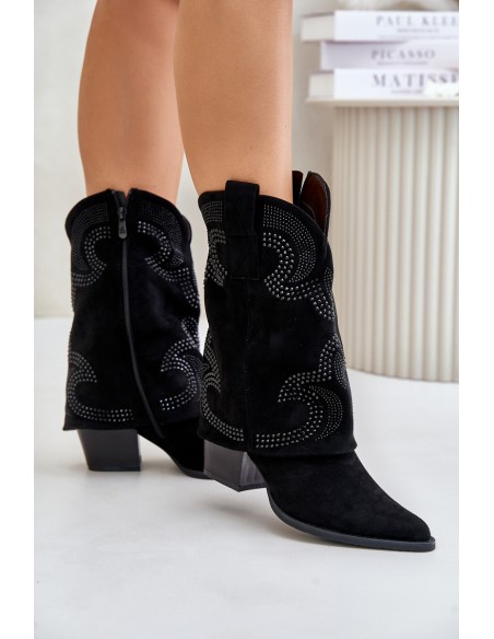 Embellished ankle boots cowboy style mid-calf on heel black HY42-153