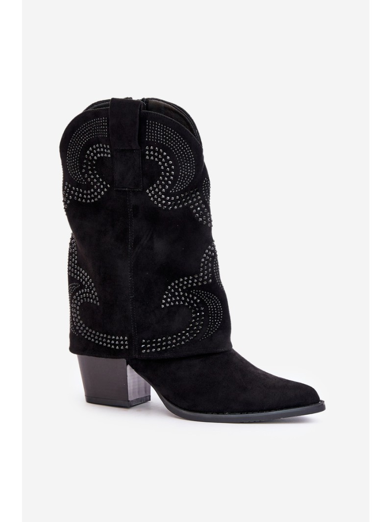Embellished ankle boots cowboy style mid-calf on heel black HY42-153
