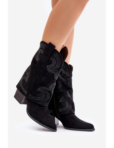 Embellished ankle boots cowboy style mid-calf on heel black HY42-153