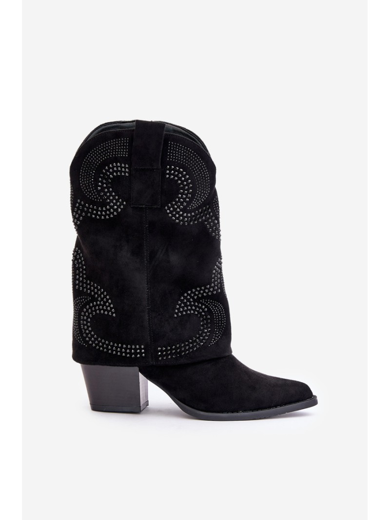 Embellished ankle boots cowboy style mid-calf on heel black HY42-153