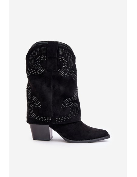 Embellished ankle boots cowboy style mid-calf on heel black HY42-153