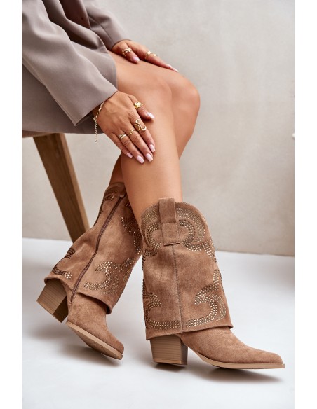 Embellished Cowboy Ankle Boots Mid Calf Heeled S.Barski HY42-153 Camel