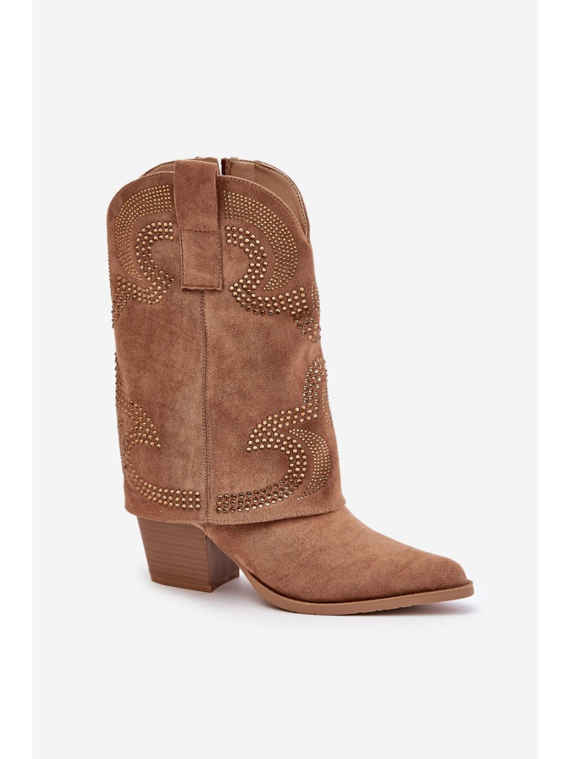 Embellished Cowboy Ankle Boots Mid Calf Heeled S.Barski HY42-153 Camel