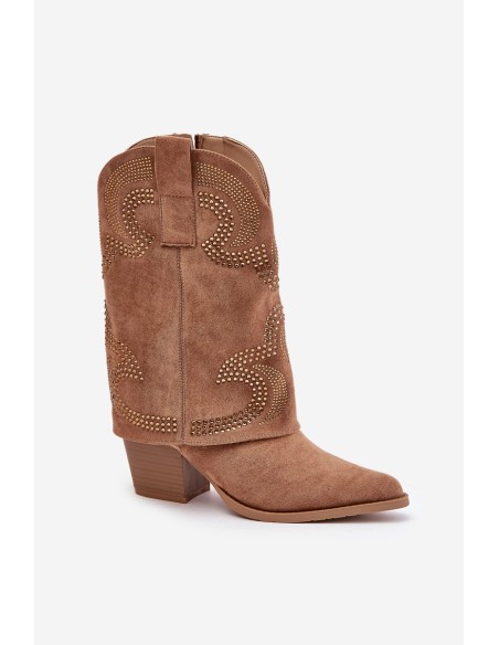 Embellished Cowboy Ankle Boots Mid Calf Heeled S.Barski HY42-153 Camel