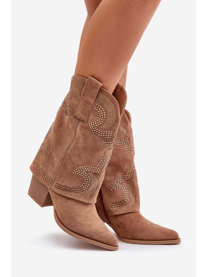 Embellished Cowboy Ankle Boots Mid Calf Heeled S.Barski HY42-153 Camel