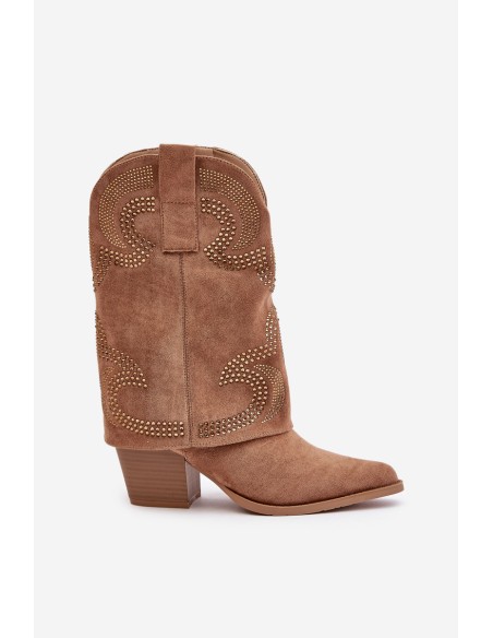 Embellished Cowboy Ankle Boots Mid Calf Heeled S.Barski HY42-153 Camel