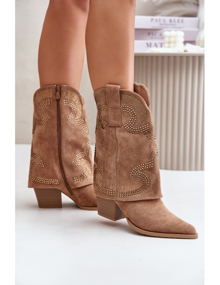 Embellished Cowboy Ankle Boots Mid Calf Heeled S.Barski HY42-153 Camel