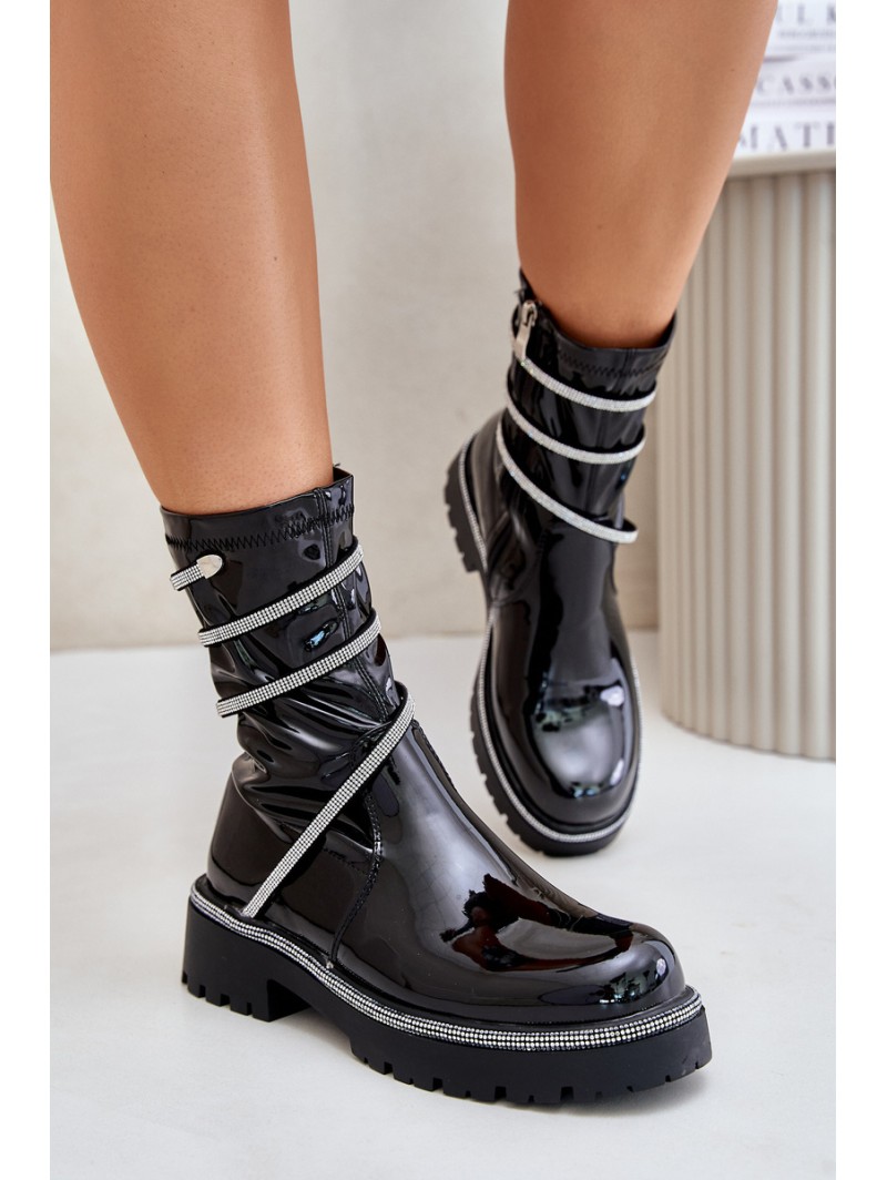 Lacquered Ankle Boots With Decoration Black Kikizelle