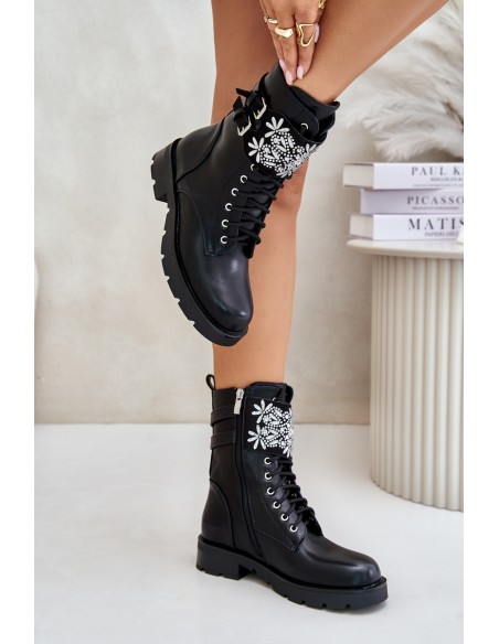 Insulated Work Boots With Decorative Strap And Buckles Black Viveria