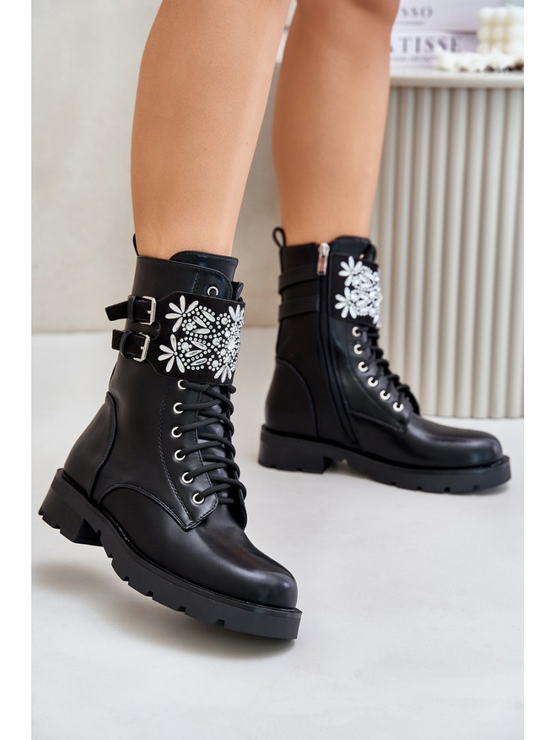 Insulated Work Boots With Decorative Strap And Buckles Black Viveria