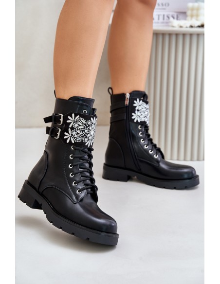 Insulated Work Boots With Decorative Strap And Buckles Black Viveria