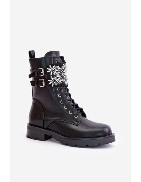 Insulated Work Boots With Decorative Strap And Buckles Black Viveria