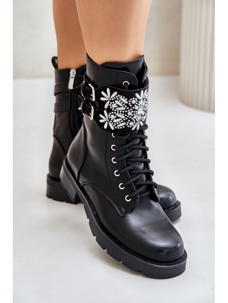 Insulated Work Boots With Decorative Strap And Buckles Black Viveria