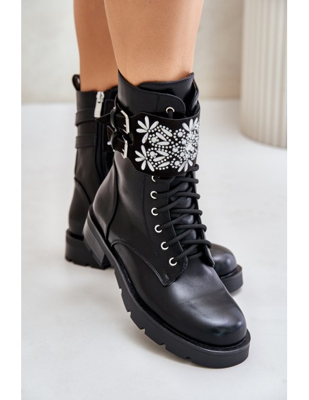 Insulated Work Boots With Decorative Strap And Buckles Black Viveria