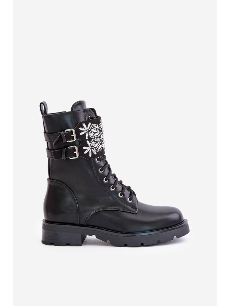 Insulated Work Boots With Decorative Strap And Buckles Black Viveria