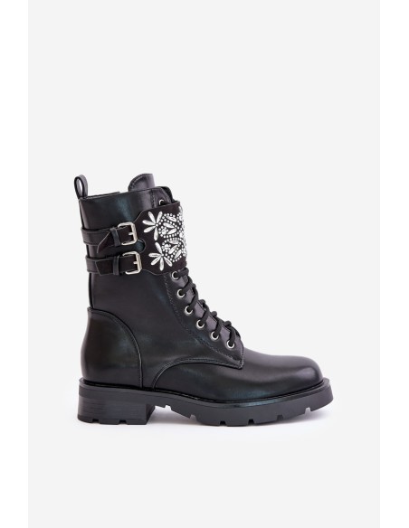 Insulated Work Boots With Decorative Strap And Buckles Black Viveria