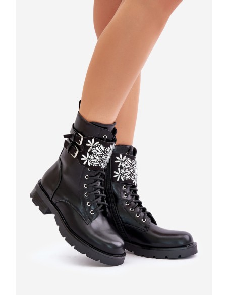 Insulated Work Boots With Decorative Strap And Buckles Black Viveria