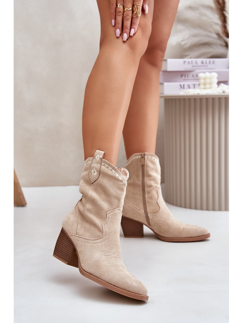 Cowboy Ankle Boots On Heel Made Of Eco Suede Light Beige Narinae