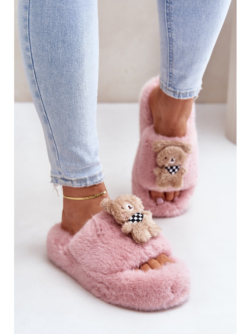 Faux Fur Women's Slippers With Bear Pink Romania