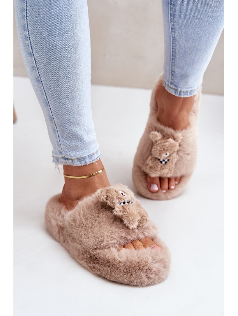 Women Fur Slippers With Bear Beige Romania