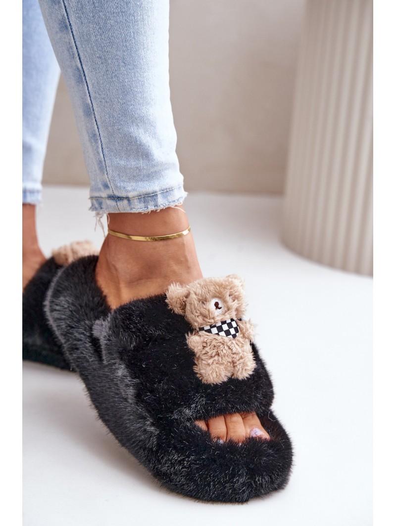 Faux Fur Women's Slippers With Bear Black Romania