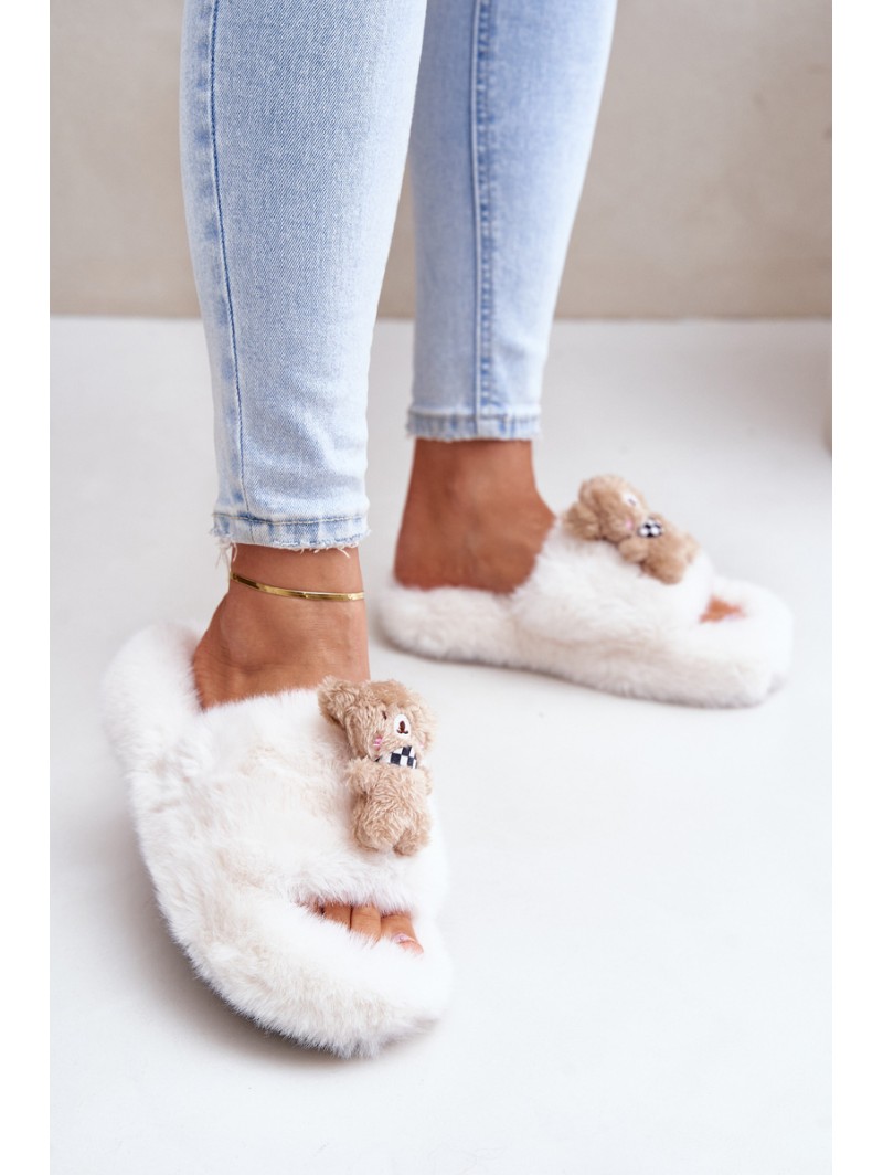 Women's Furry Slippers With Bear White Romania