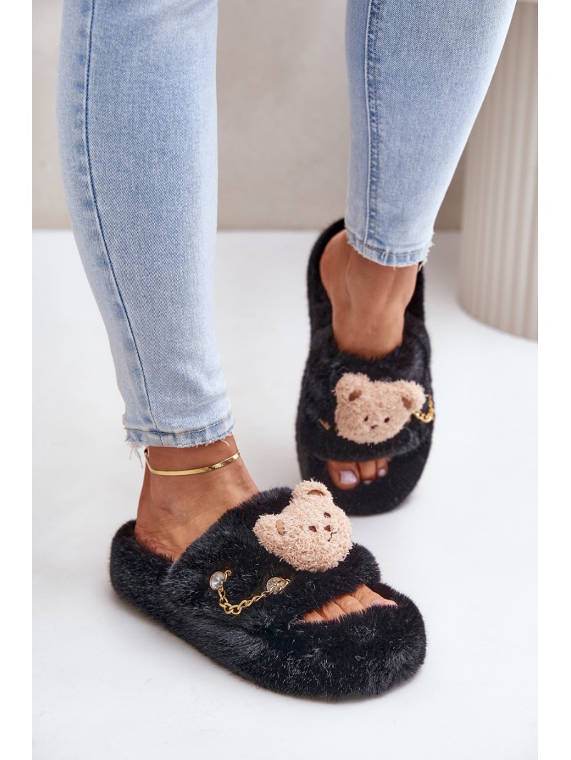 Ladies Fur Slippers With Bear And Decorative Elements Black Innalise