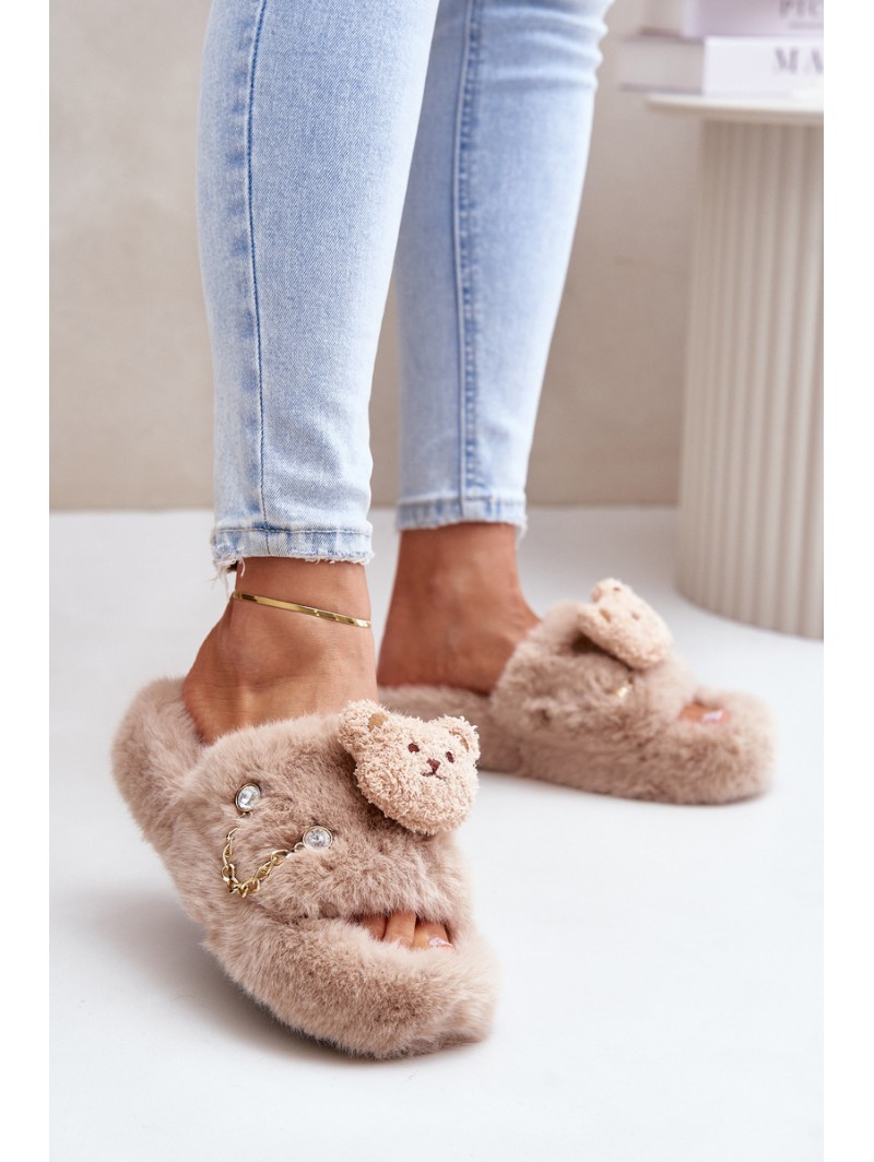 Women s Furry Slippers With Bear And Decorative Elements Beige Innalise