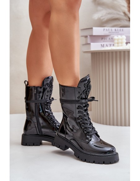 Lacquered Insulated Work Boots With Decoration Black Kelilea