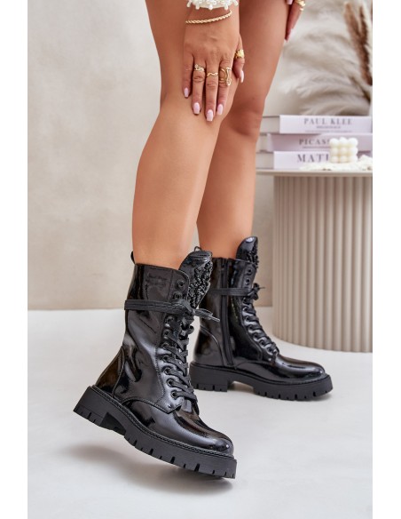 Lacquered Insulated Work Boots With Decoration Black Kelilea
