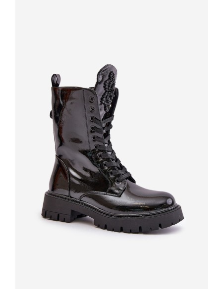Lacquered Insulated Work Boots With Decoration Black Kelilea